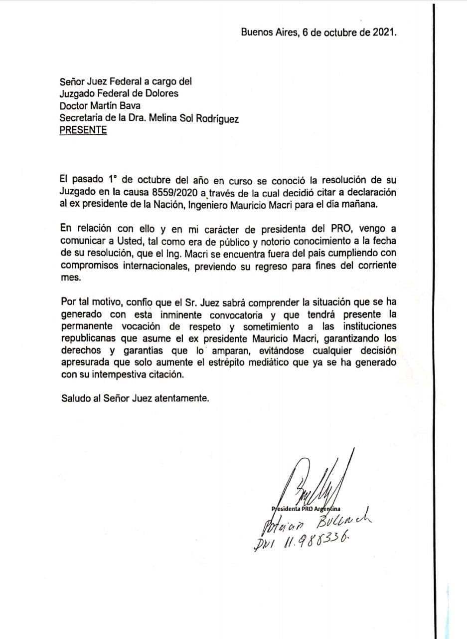 La carta de Patricia Bullrich enviada al juez de Dolores.