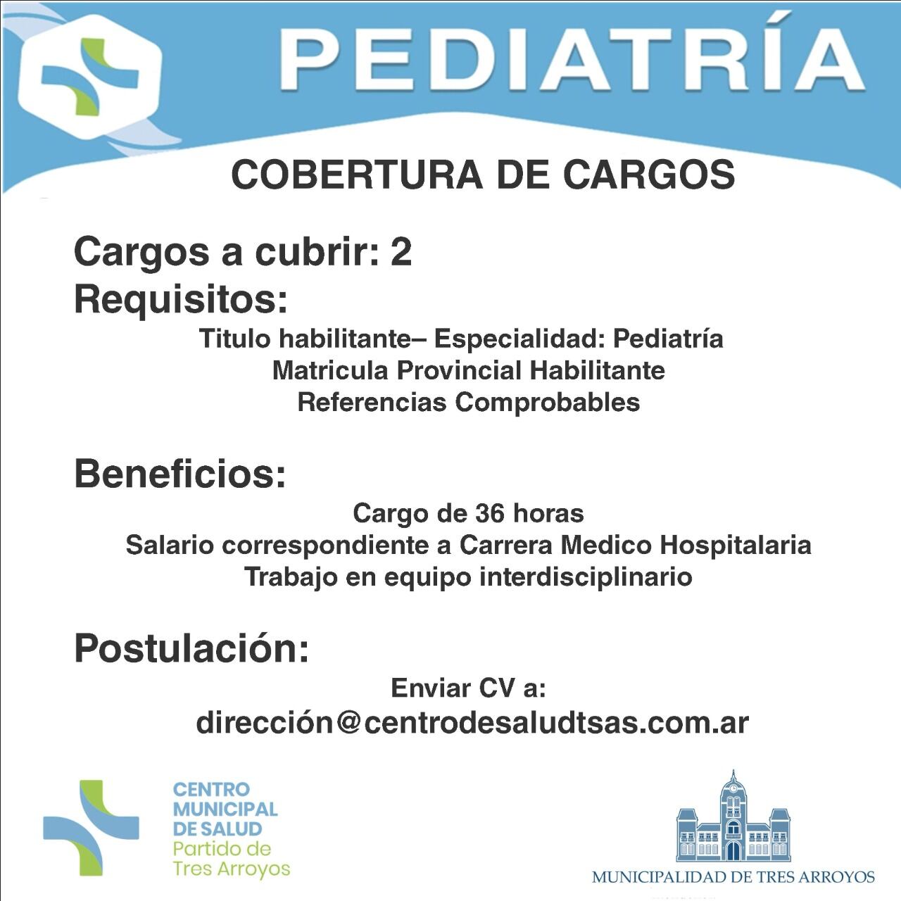 Pediatría en Tres Arroyos: Convocatoria para la cobertura de dos cargos médicos