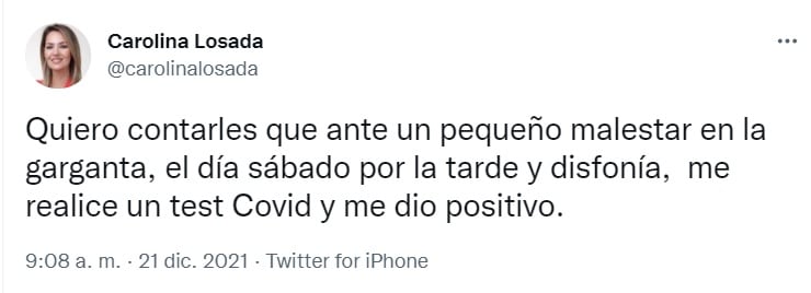 La periodista dio la noticia del diagnóstico positivo de COVID-19 mediante su cuenta de Twitter.