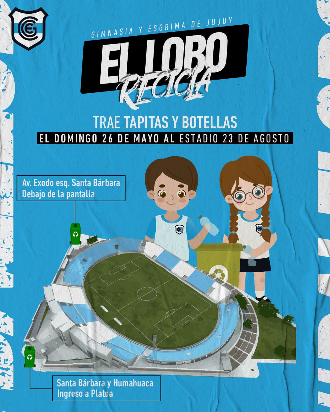 La campaña "El Lobo Recicla" continúa y este domingo estarán habilitados dos puntos de recolección de tapitas y botellas de plástico en el estadio.