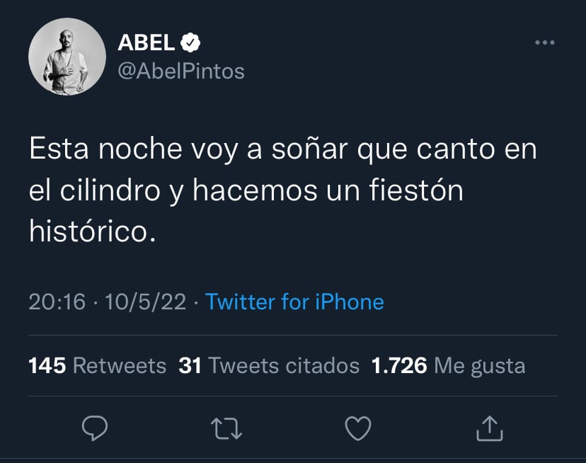 Abel Pintos expresó su sueño de dar un recital en la cancha de Racing a través de Twitter.