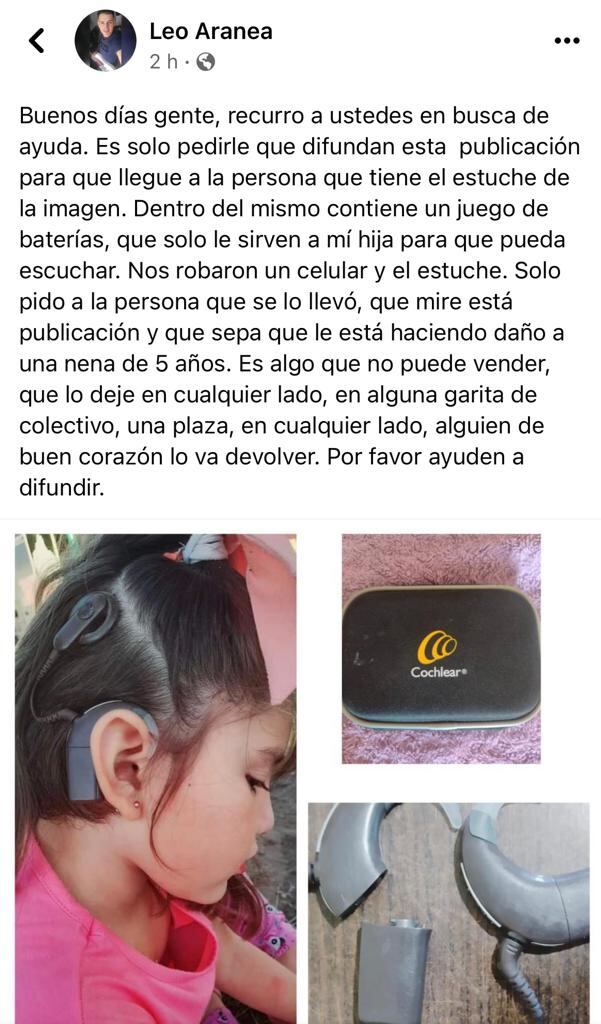 El mensaje del padre de la nena de 5 años para recuperar el estuche con las baterías de su hija.