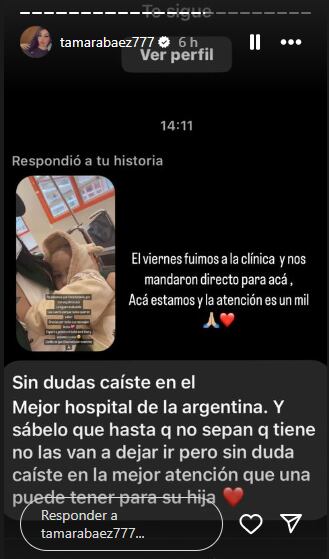 La preocupación de Tamara Báez por la salud de su hija