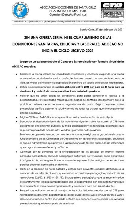 El congreso de docentes determinó el no inicio del ciclo lectivo 2021 en Santa Cruz