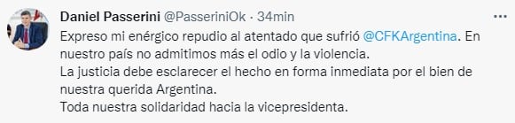 Daniel Passerini, vice intendente, y su repudio por el ataque a la expresidenta.