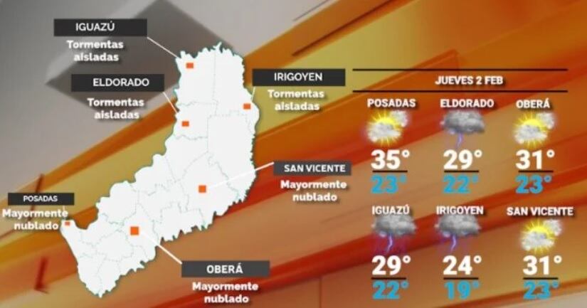 Probabilidad de lluvias y aumento de temperaturas para este jueves en Misiones.