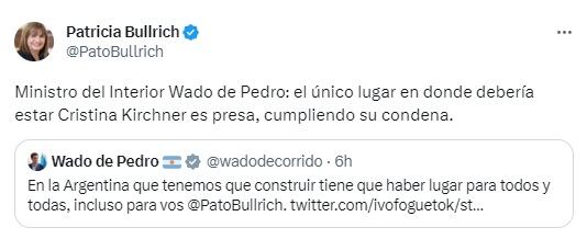 El mensaje poco conciliador de Bullrich.