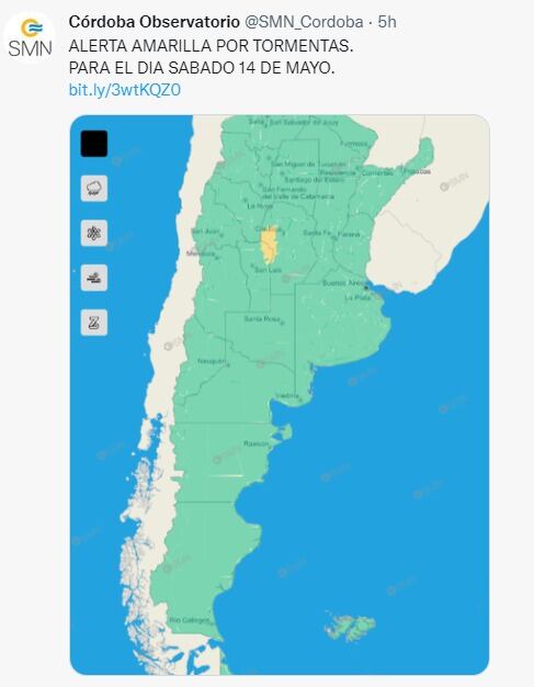Aviso de lluvia este sábado en Córdoba.