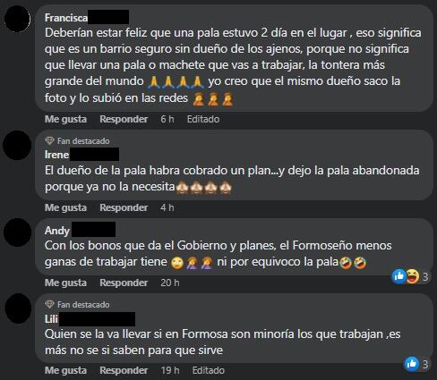 Algunos de los comentarios por una pala que nadie se llevó en Formosa.