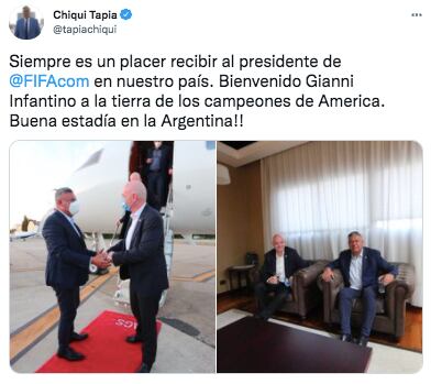 Gianni Infantino llegó al país y se reunió con Claudio Tapia.