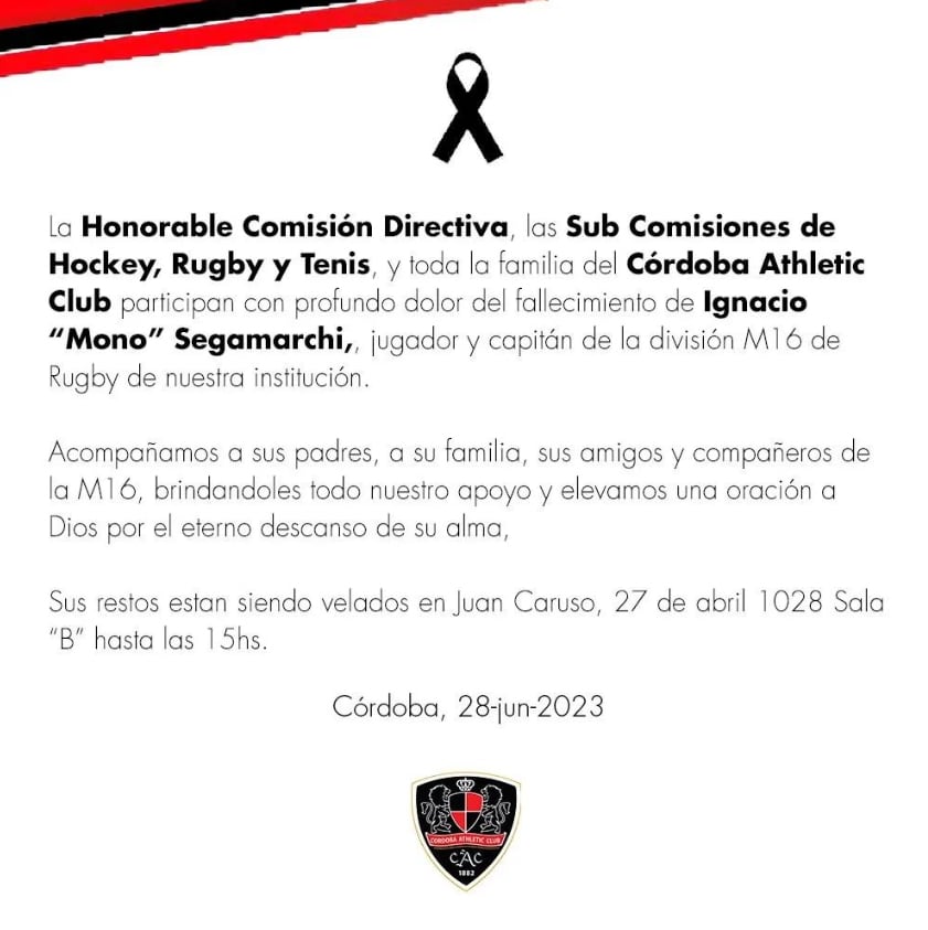 El mensaje del Córdoba Athletic Club por el deceso de un jugador adolescente (Facebook).