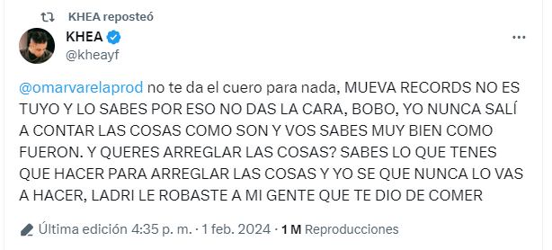 El descargo de Khea por Twitter contra Omar Varela.