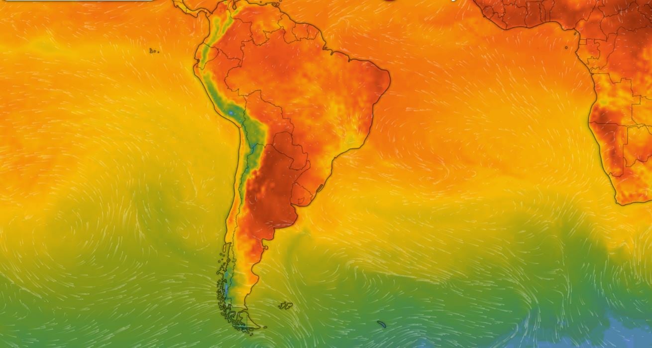 Las temperaturas del lunes 10 en Argentina, entre las más altas del mundo. (Captura de Windy)