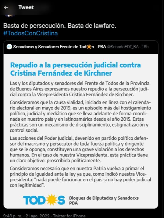 La defensa de los bloques más duros del oficialismo en defensa de Cristina Kirchner-