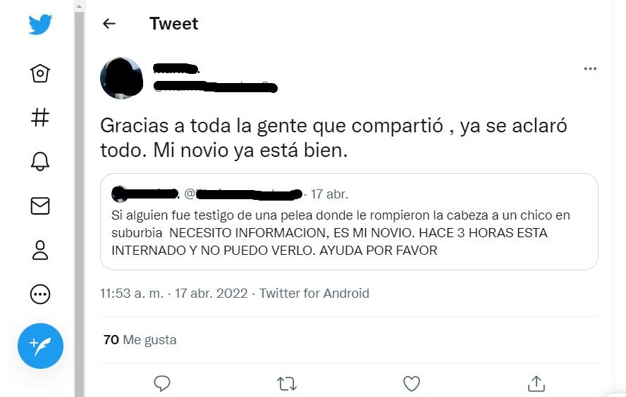 La joven pidió datos del hecho por Twitter.