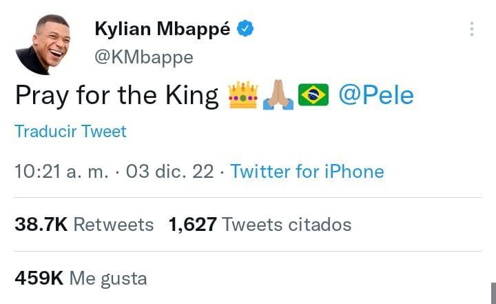 Kylian Mbappé pidió desde su cuenta de Twitter que recen por Pelé