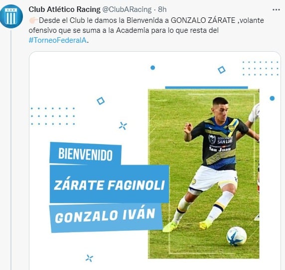 Gonzalo Zárate, el volante ofensivo que oficializó Racing como refuerzo.