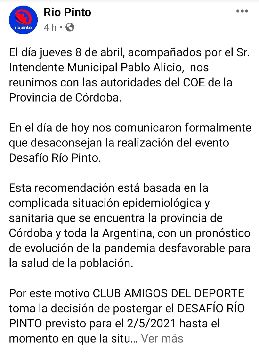 Comunicado de "Río Pinto" sobre la postergación del encuentro.