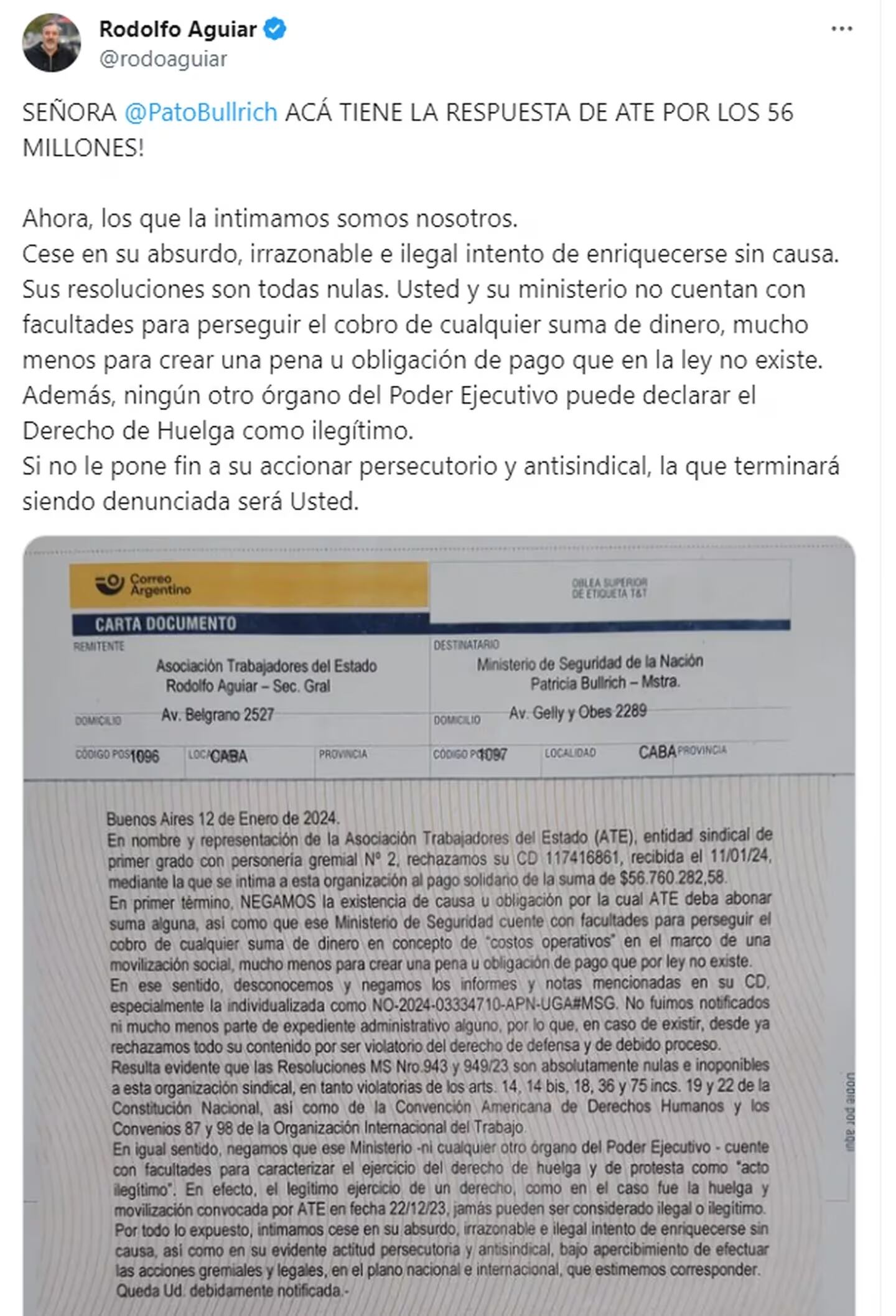 El mensaje de ATE para Patricia Bullrich