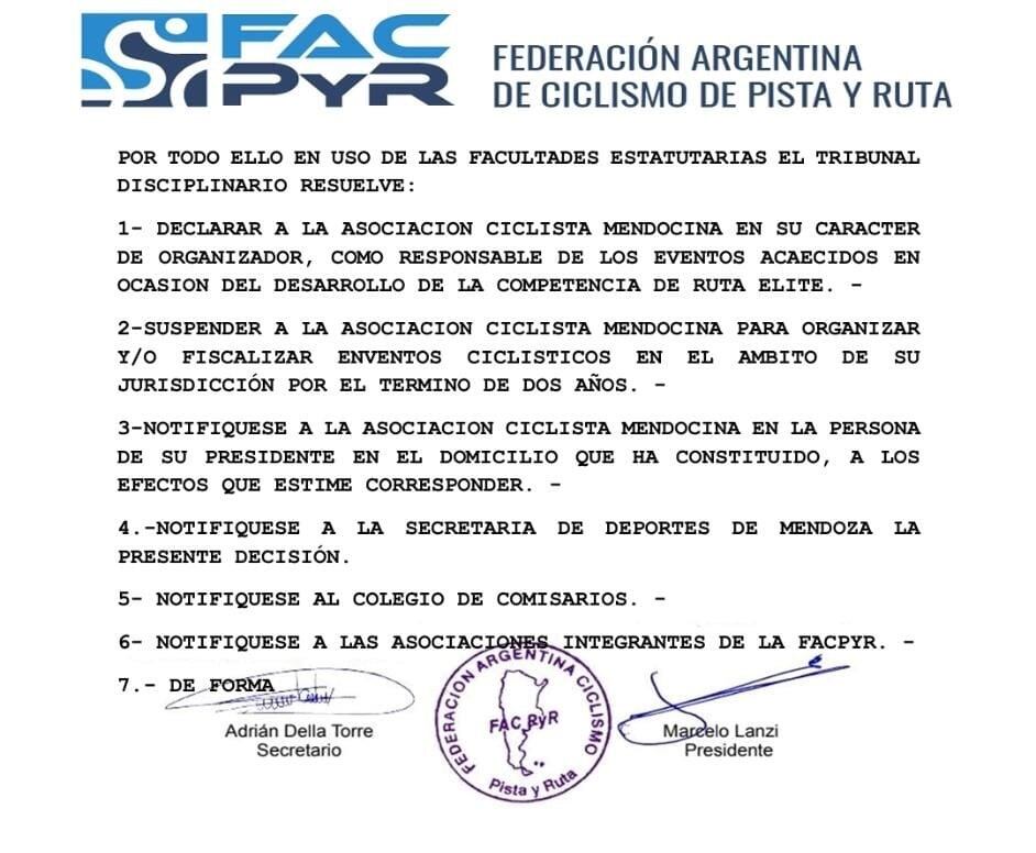 FACPYR resolvió suspender a la Asociación Ciclista Mendocina.