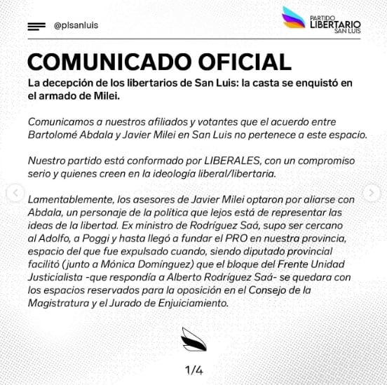 Comunicado del Partido Libertarios San Luis