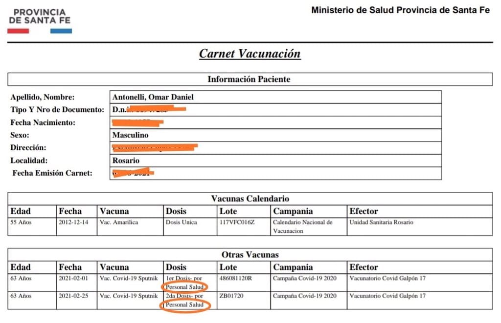 El carnet de vacunación de Antonelli