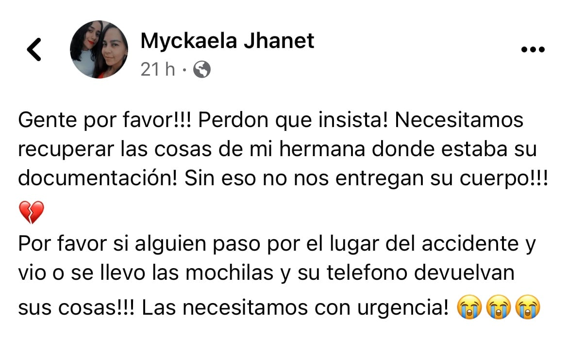 La hermana de Candela pidió ayuda en las redes sociales para encontrar las pertenencias  y reclamar el cuerpo.