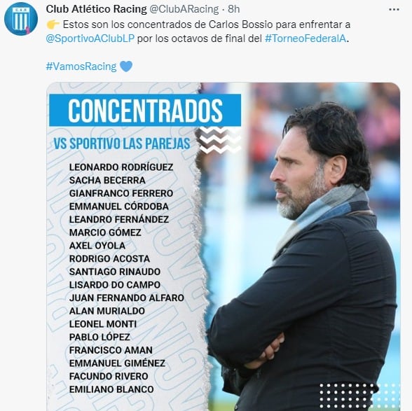 La lista de concentrados de Racing de Nueva Italia, para octavos de final ante Sportivo Las Parejas.