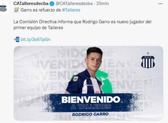 Talleres le dio la bienvenida a Rodrigo Garro, quien cambia de barrio.