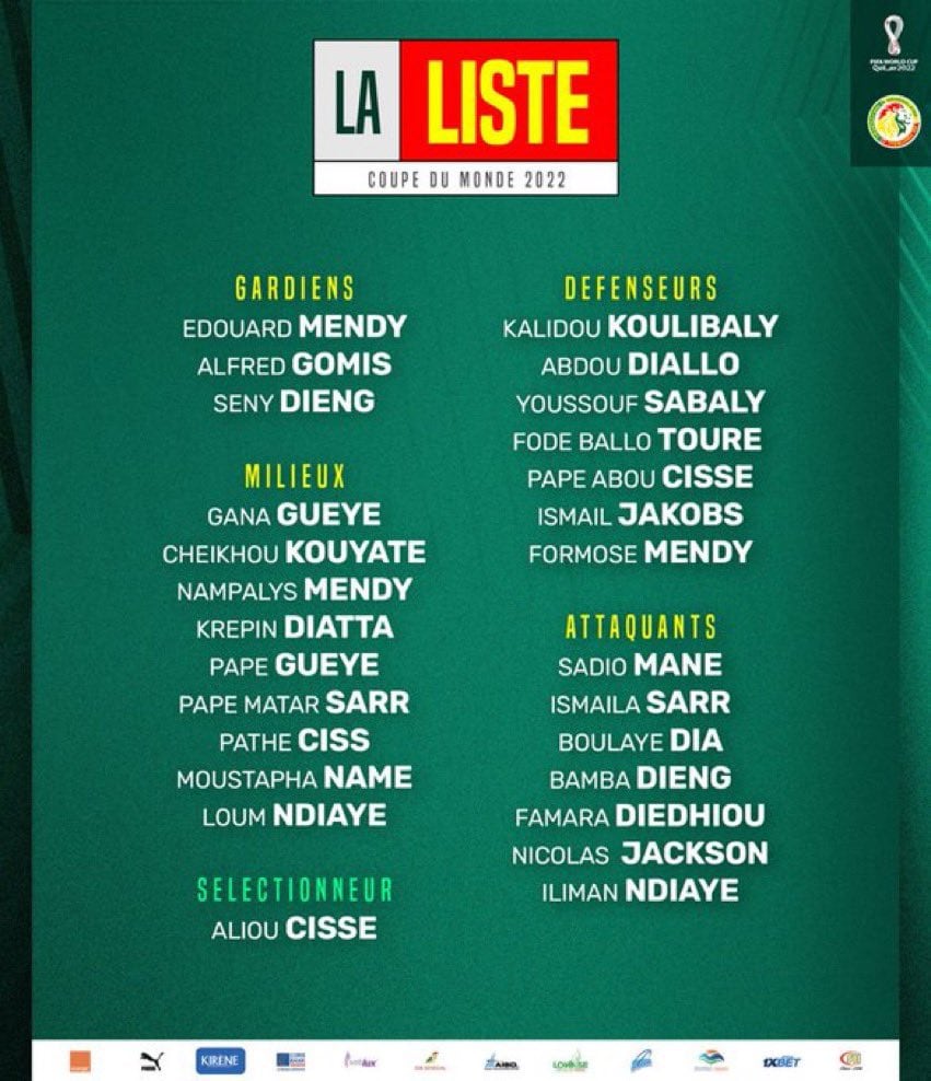 La lista de Senegal para el Mundial de Qatar 2022.