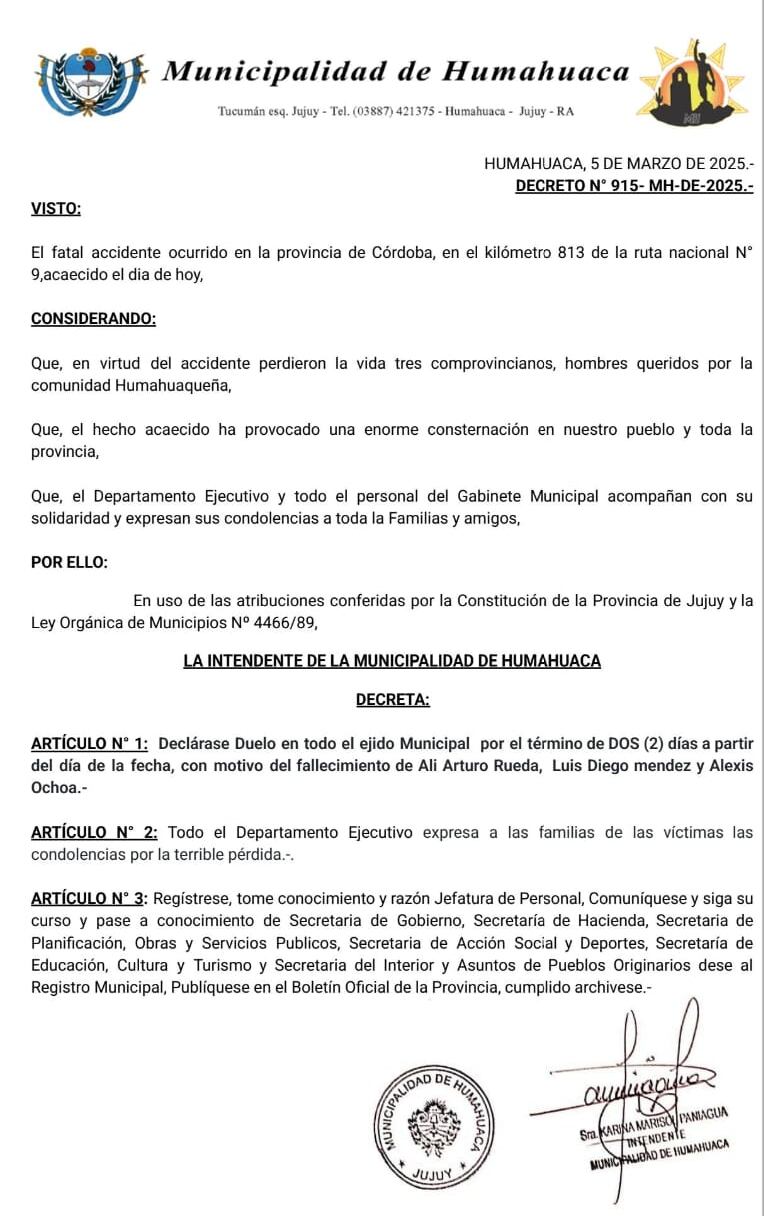 El decreto emitido por la Intendencia de Humahuaca declarando dos días de duelo en ese distrito.