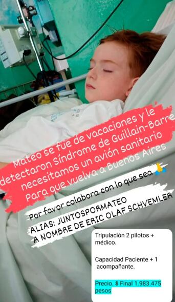 Mateo fue diagnosticado con Síndrome Guillain-Barré y necesita viajar a Buenos Aires.