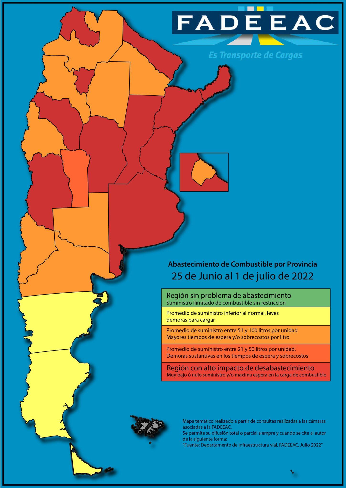 El mapa del faltante de combustible al 1° de julio.