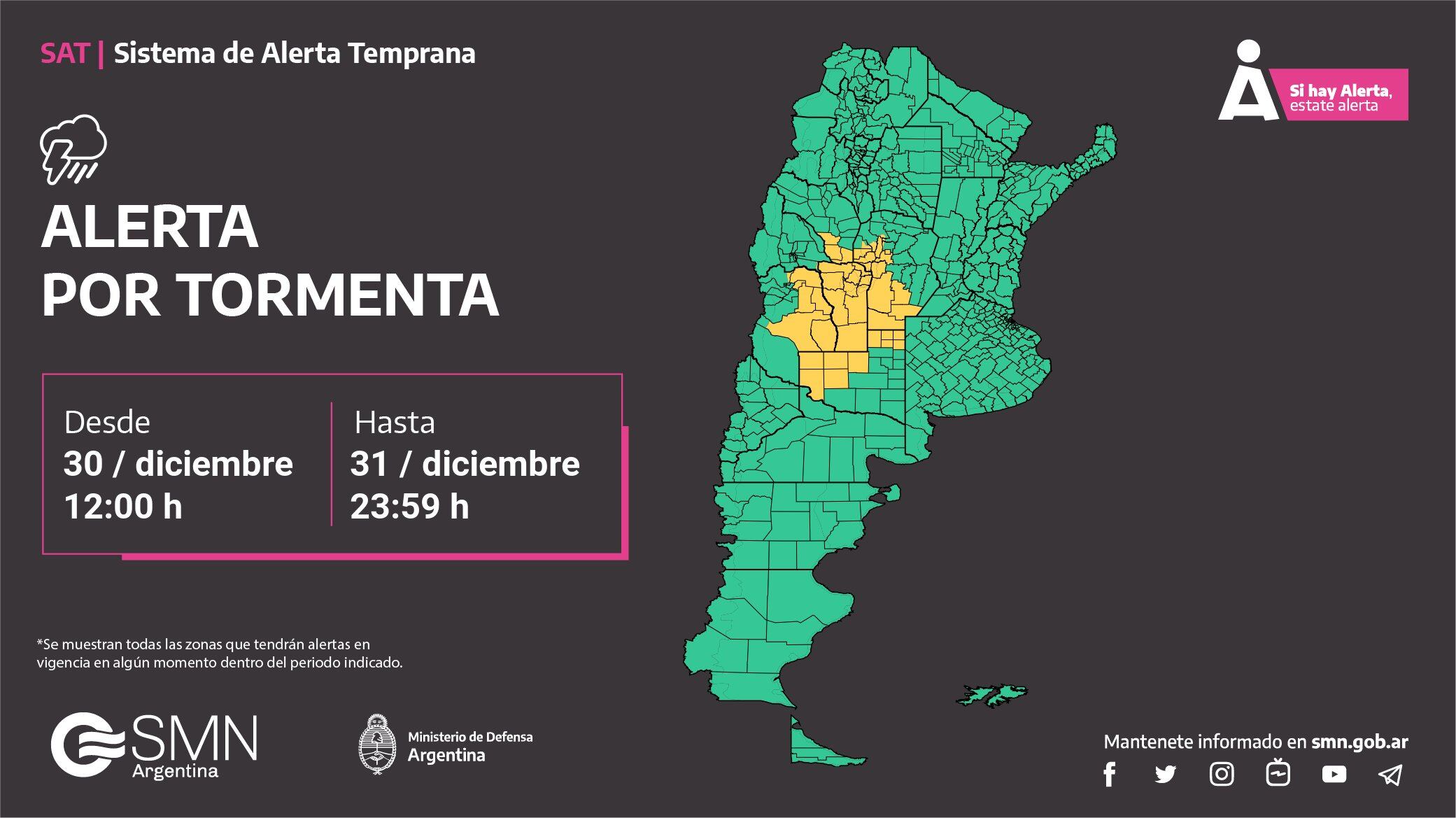 Alerta amarilla por tormentas para este domingo 31 de diciembre.