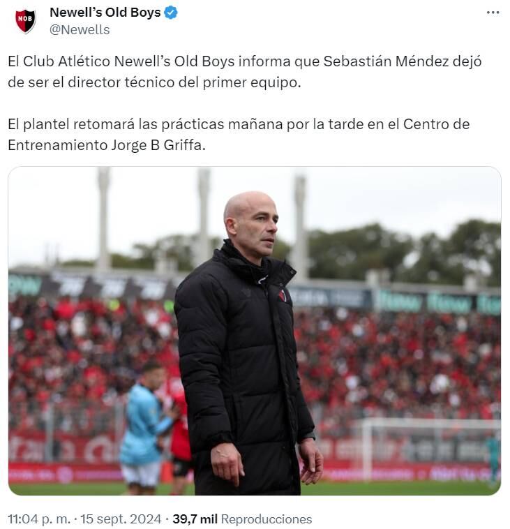 Sebastián Méndez presentó la renuncia como director técnico de Newell's Old Boys.