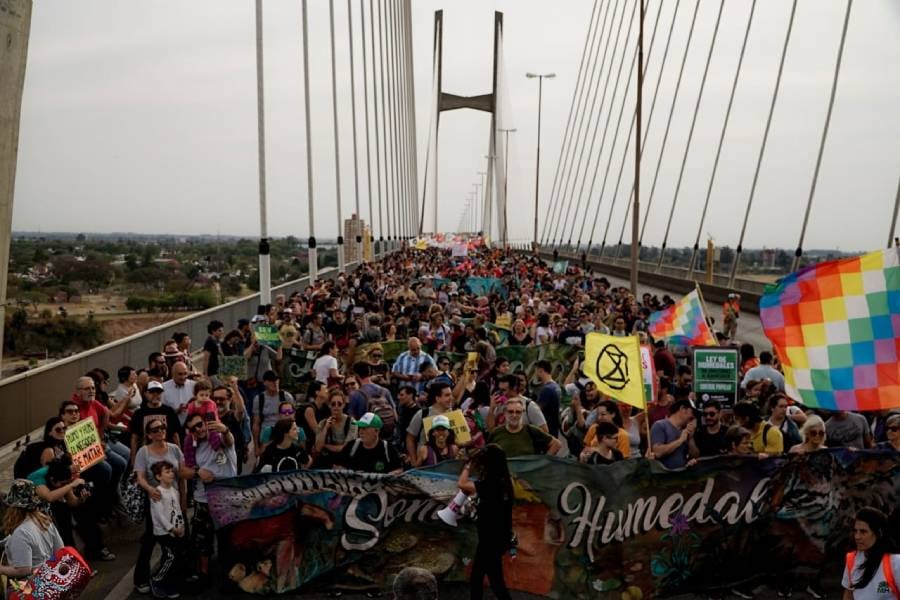 Ambientalistas encabezaron una marcha sobre el puente Rosario-Victoria contra los incendios en el Delta del Paraná.