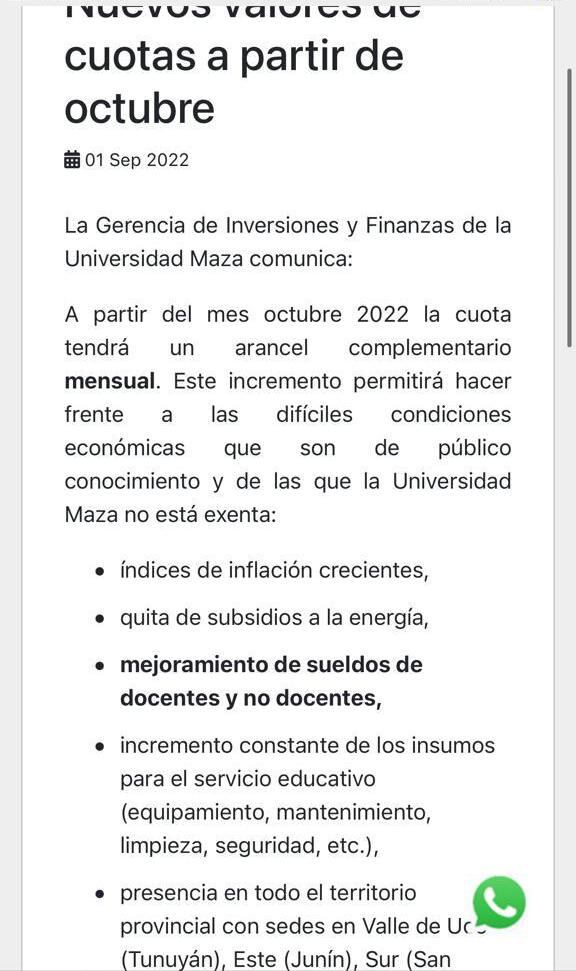 El comunicado que anunciaba el adicional para todas las carreras de la Universidad Maza.