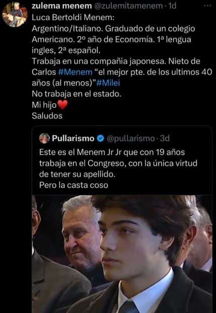 Zulemita Menem defendió a su hijo.