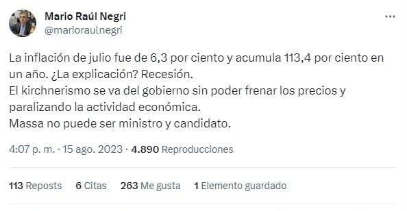 El diputado nacional deslizó que Argentina entró en "recesión".