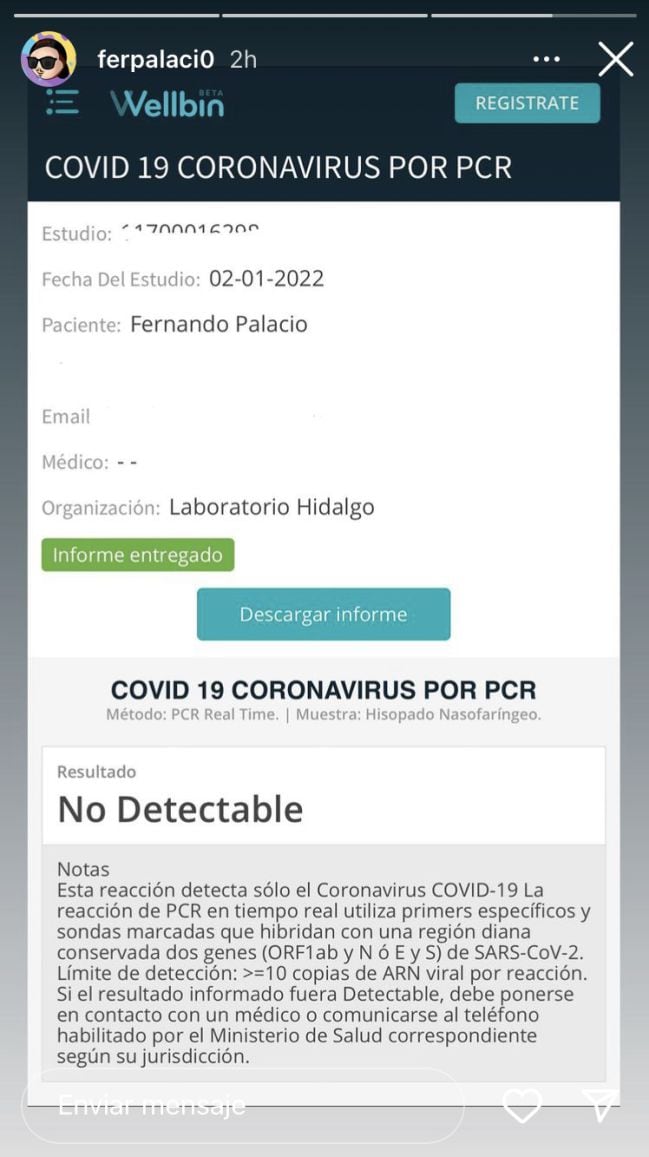 Fer Palacio acusado de contagiar a Messi publicó su pcr negativo / Gentileza