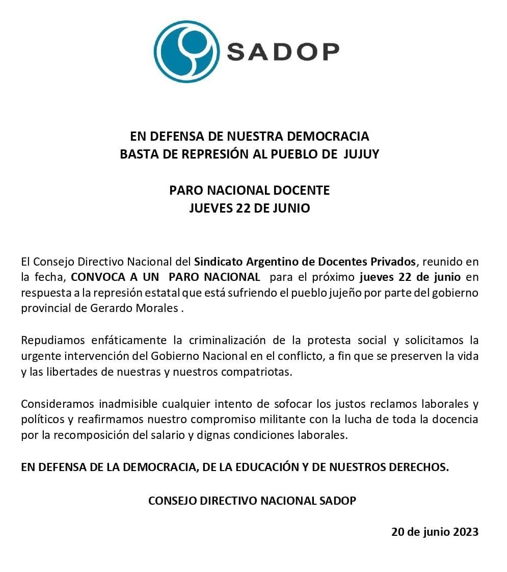 Sadop confirmó que se adherirá a la decisión de Ctera.