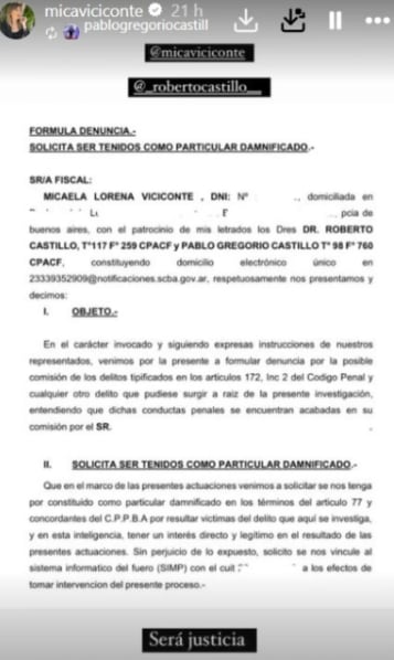 El documento legal de Mica Viciconte