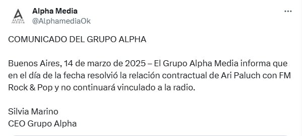 El comunicado de Alpha sobre la desvinculación de Ari Paluch