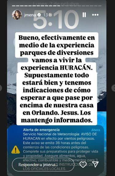 En medio de su soñado viaje a Disney, Jimena Barón recibió la alerta del huracán