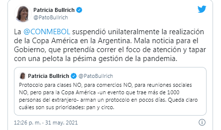 Por qué para Patricia Bullrich la suspensión de la Copa América en Argentina “es una mala noticia” para el Gobierno