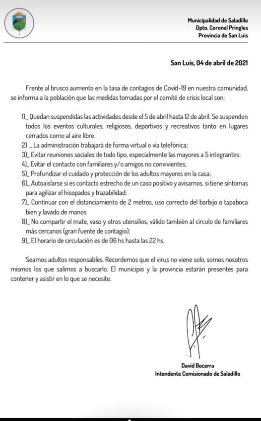 Las medidas que se tomaron para frenar los contagios en la localidad de Saladillo, San Luis.