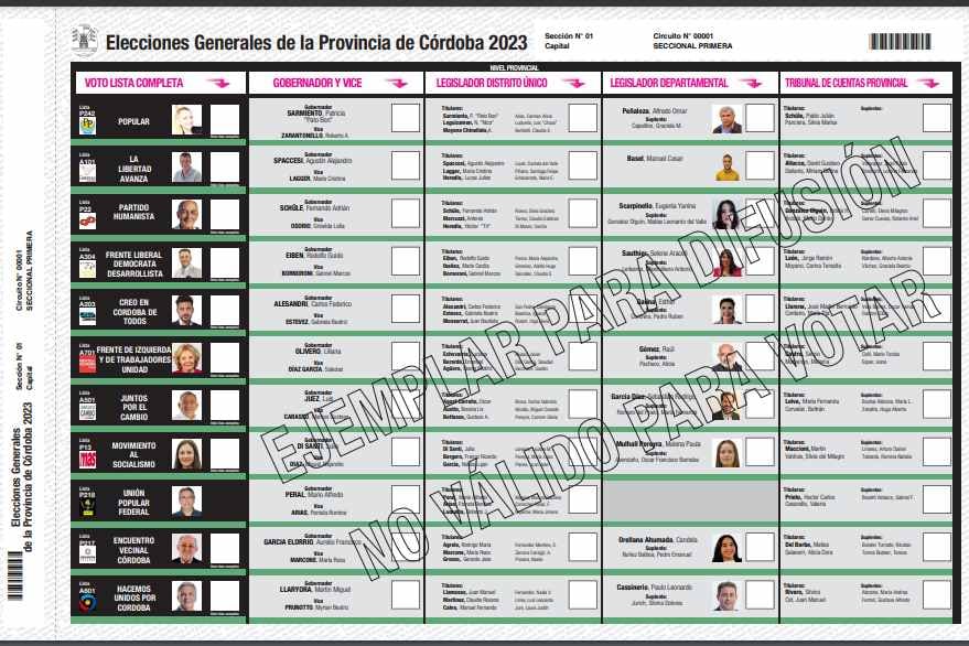 Elecciones 2023: Boleta Única de Sufragio (BUS) oficial para la votación a gobernador en Córdoba capital. (Justicia Electoral)