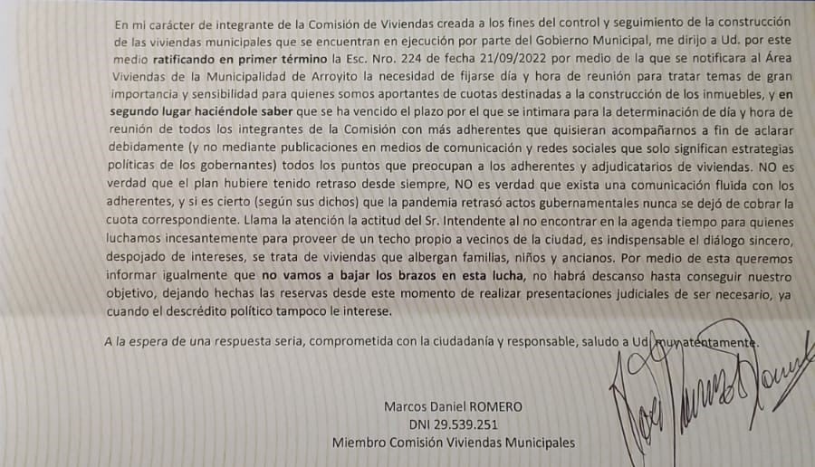 Carta Documento enviada por los integranes de la Comision de viviendas de Arroyito al presidente del cuerpo