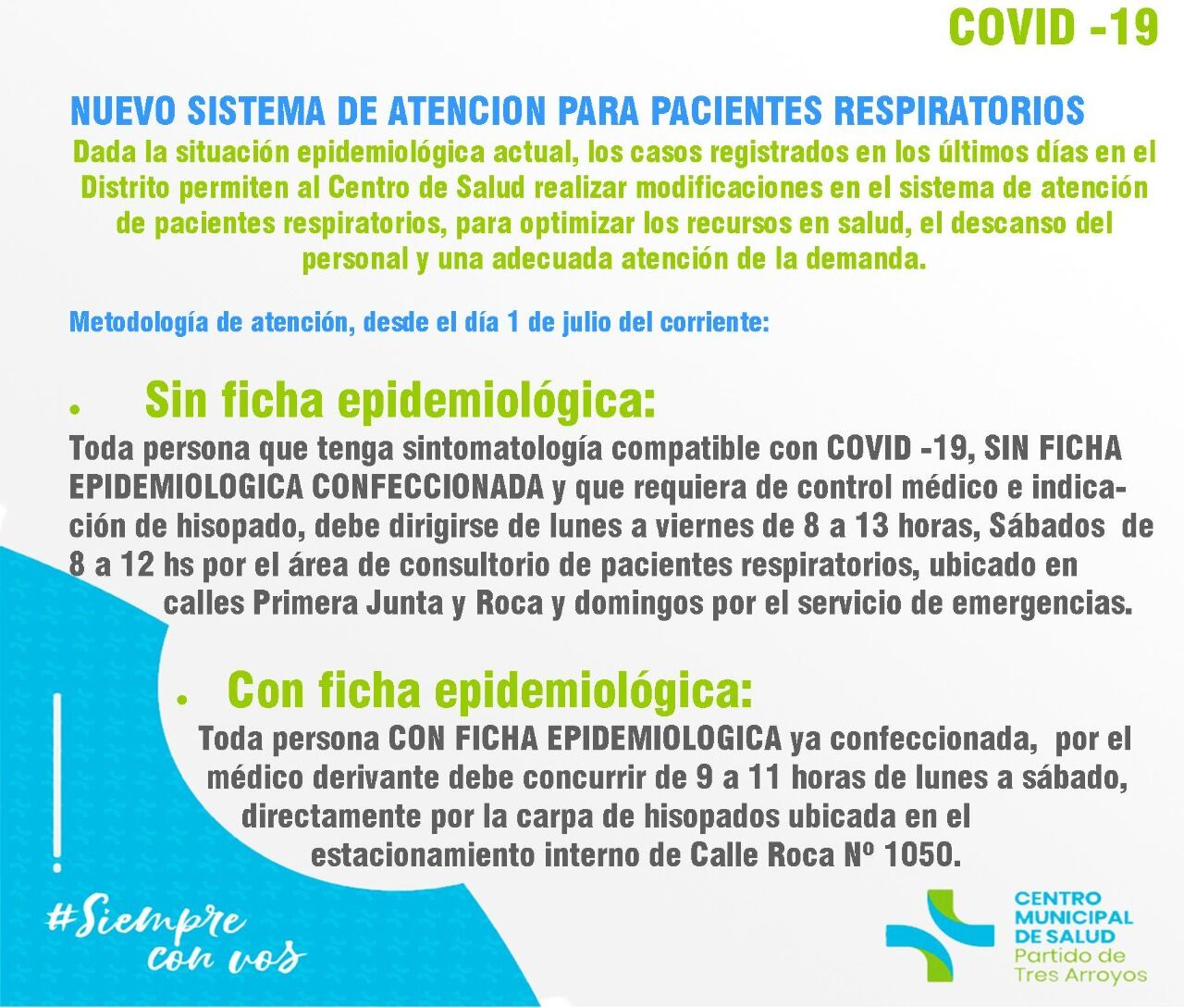 Cambios en el sistema de atención del Hospital Pirovano para pacientes respiratorios para el mes de julio