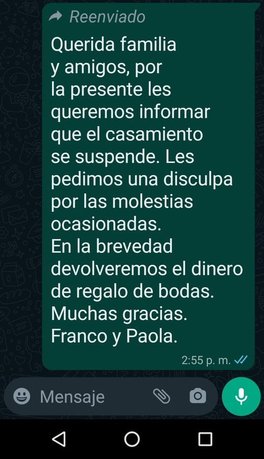 El mensaje que mandaron los novios antes de desaparecer.